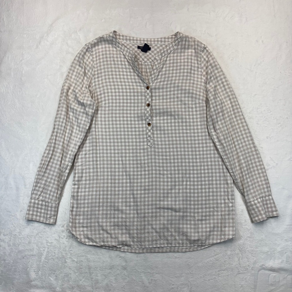 Lands End Womens 10T Gingham Plaid Cotton Henley Tunic Blouse Tan White Tall